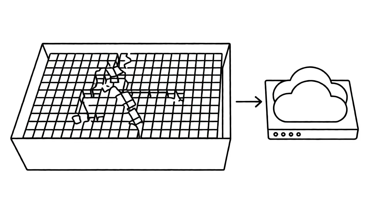 Conceptual monoline drawing of paged memory organization inside a GPU optimizing space before bursting to cloud.