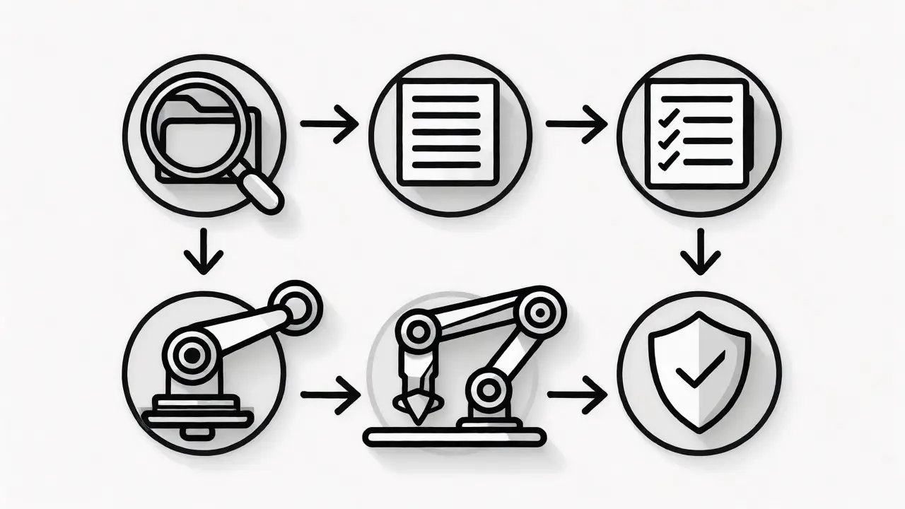Diagrammatic monoline art showing the four stages of an AI coding agent workflow loop.