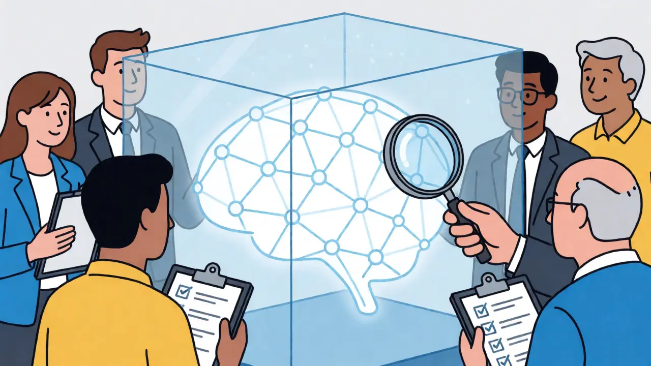 Diverse team inspecting AI logic for ethical compliance