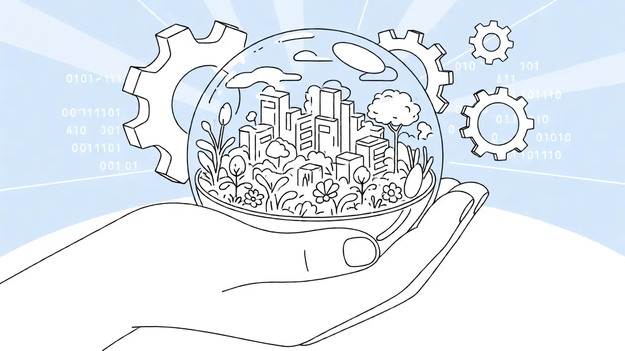 Hand protecting a complex AI system within a sphere