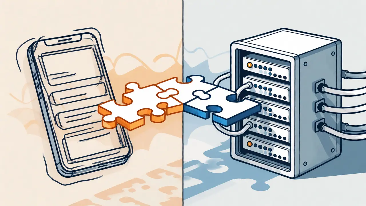 Illustration connecting a sketchy app prototype to robust server infrastructure via tools.