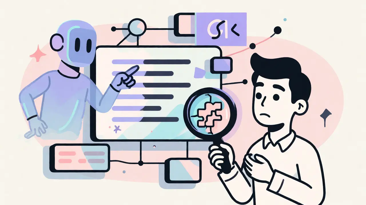 Illustration of a developer using a magnifying glass to find hidden flaws in AI-generated code structures.