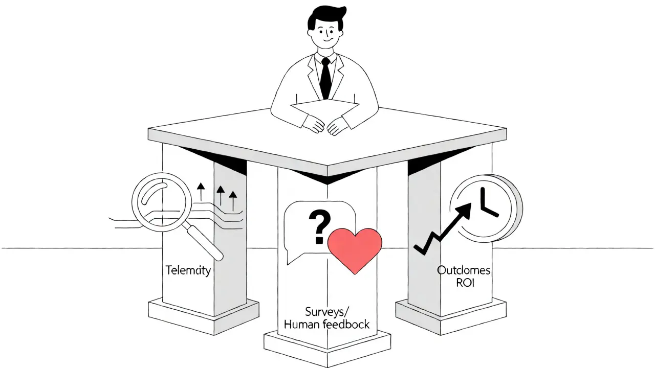 Illustration of a tripod structure supporting business metrics via telemetry, surveys, and outcomes.