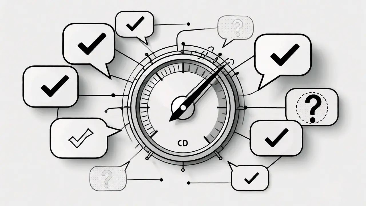 Illustration of an AI confidence gauge with speech bubbles showing certainty versus doubt.