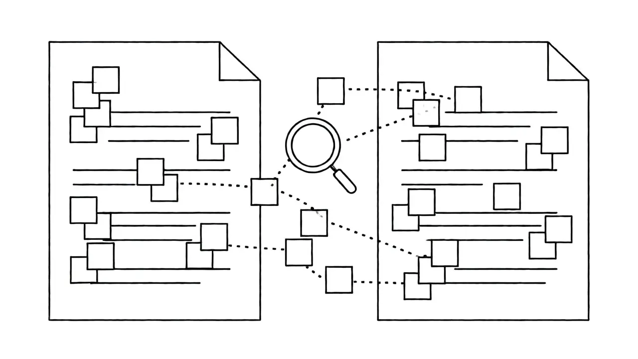Illustration of documents broken into shingles with connecting lines showing similarity.
