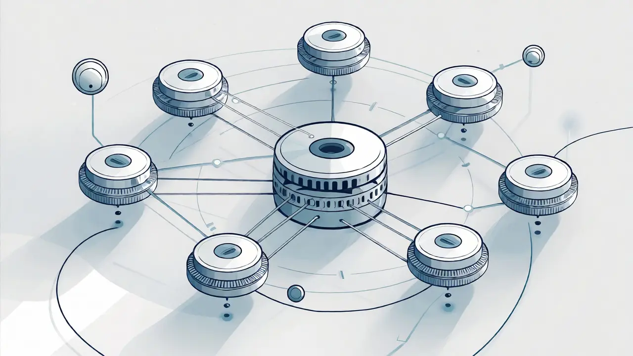 Interconnected nodes sharing resources in a monoline network diagram