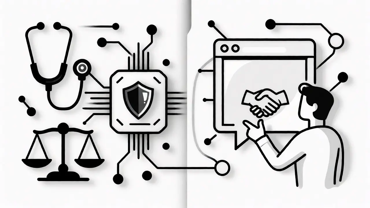 Line art depicting AI shielding medical and legal fields from errors via safe abstention.