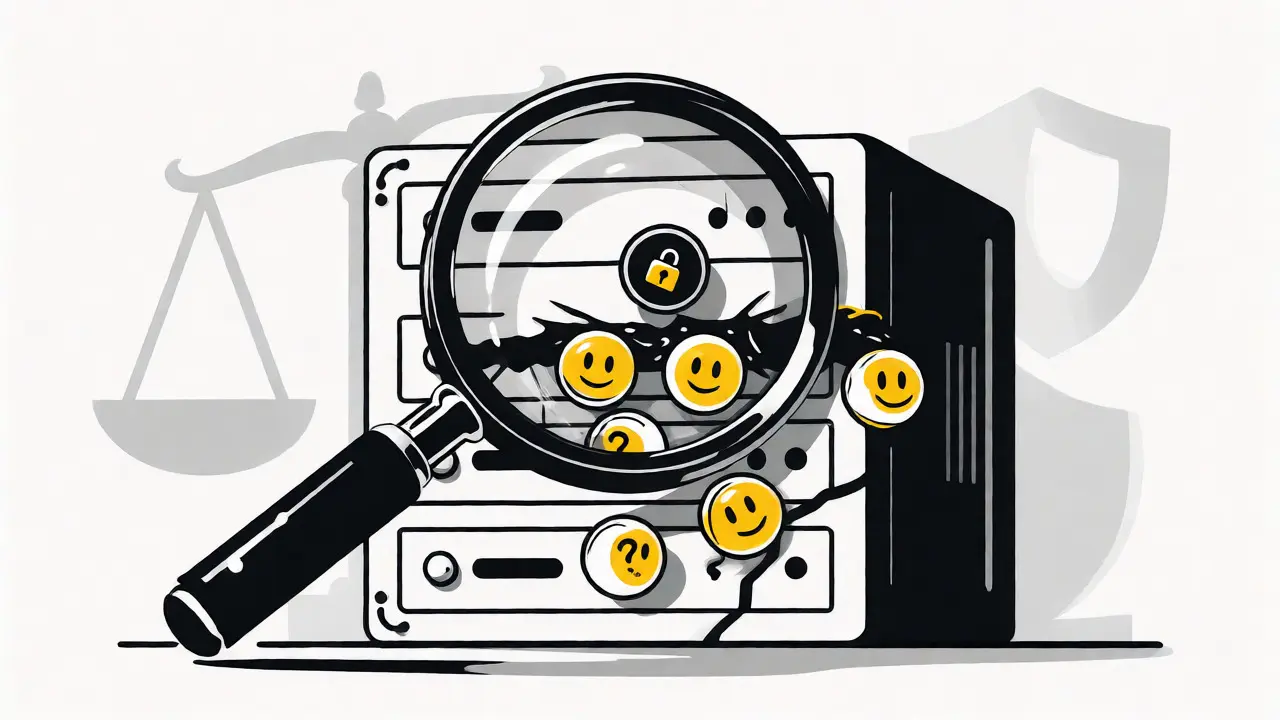 Magnifying glass revealing leaking data packets from a server rack