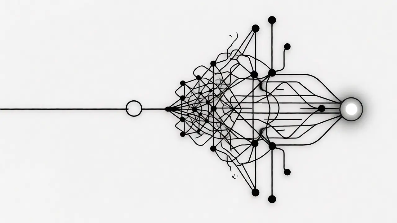 Monoline diagram contrasting fast vs deep reasoning AI architectures