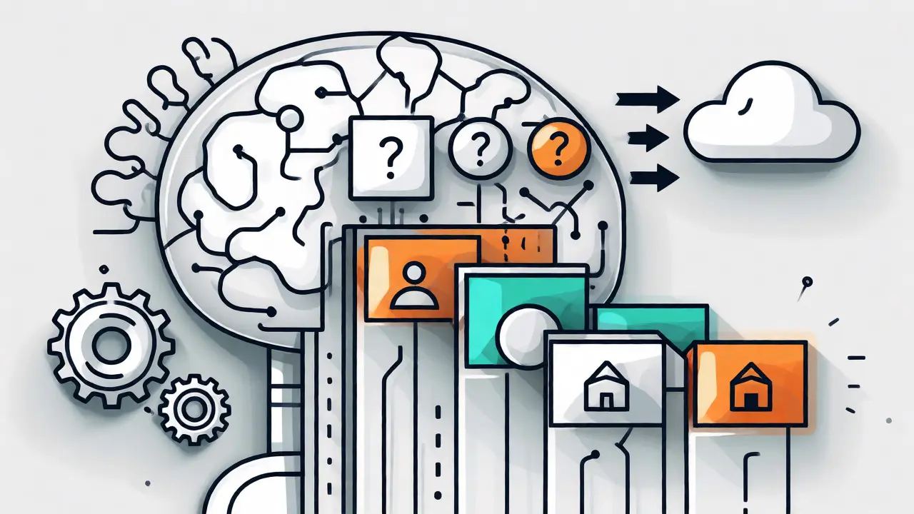 Monoline diagram of an AI brain transforming personal data icons into generic token placeholders.