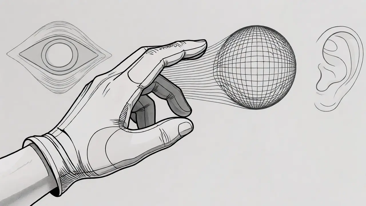 Monoline drawing of a haptic glove connecting physically to a reactive digital sphere.