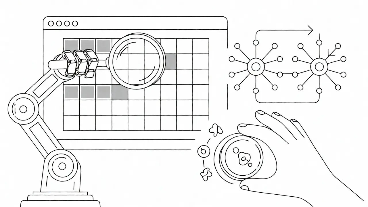 Monoline drawing of a robotic arm analyzing and balancing a dataset grid for fairness.
