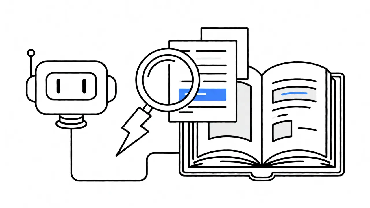 Monoline drawing showing an AI connecting to a database via a magnifying glass