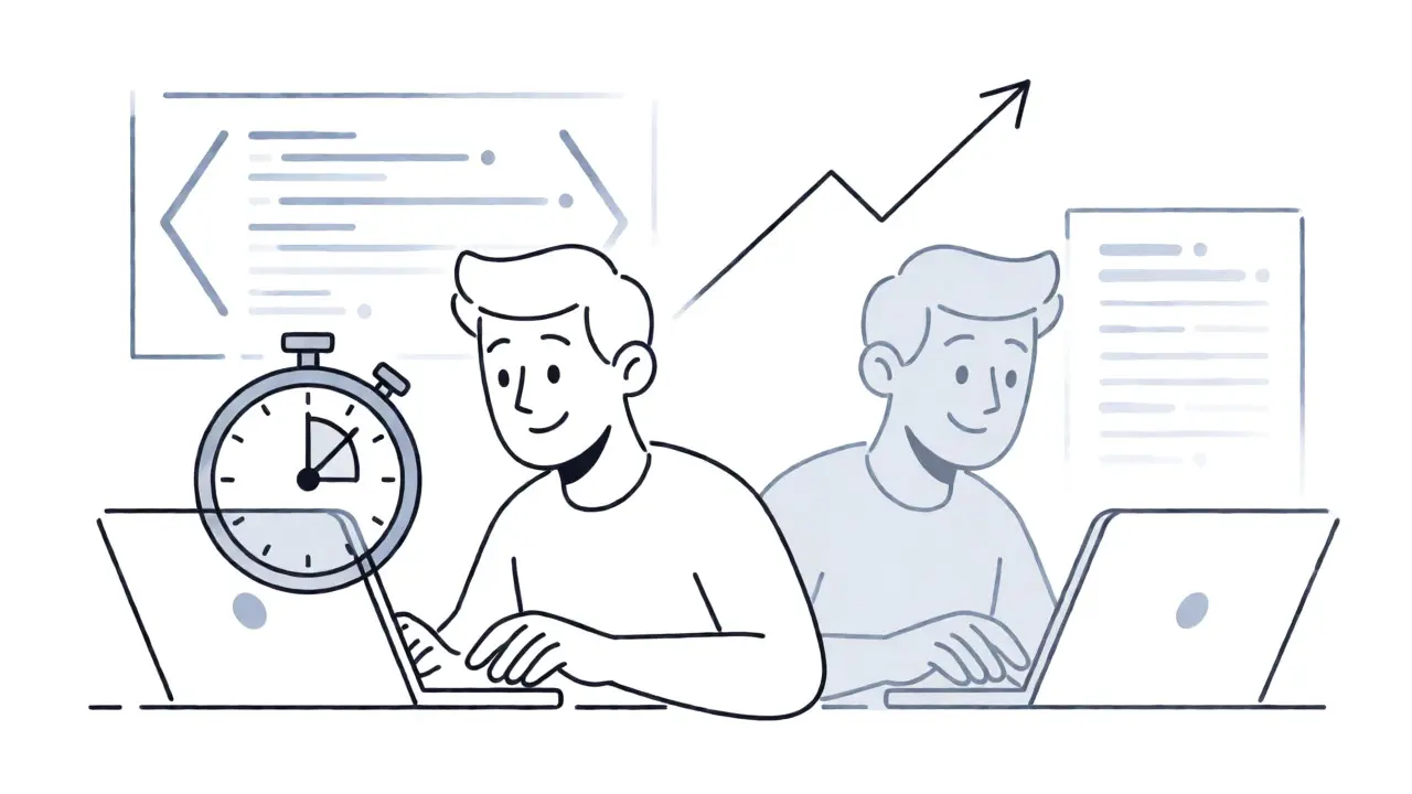 Monoline graphic comparing developer workflow speed before and after AI implementation.