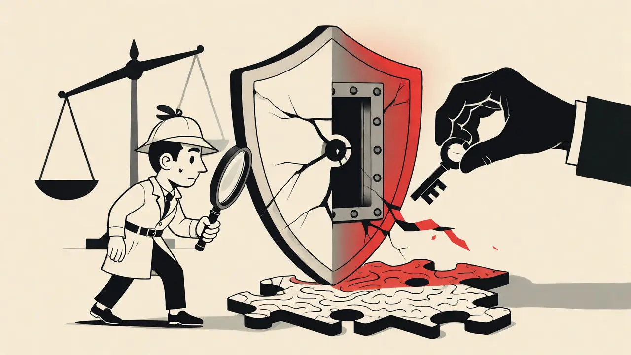 Monoline illustration of a detective examining data fragments and a cracked shield protecting a vault key.