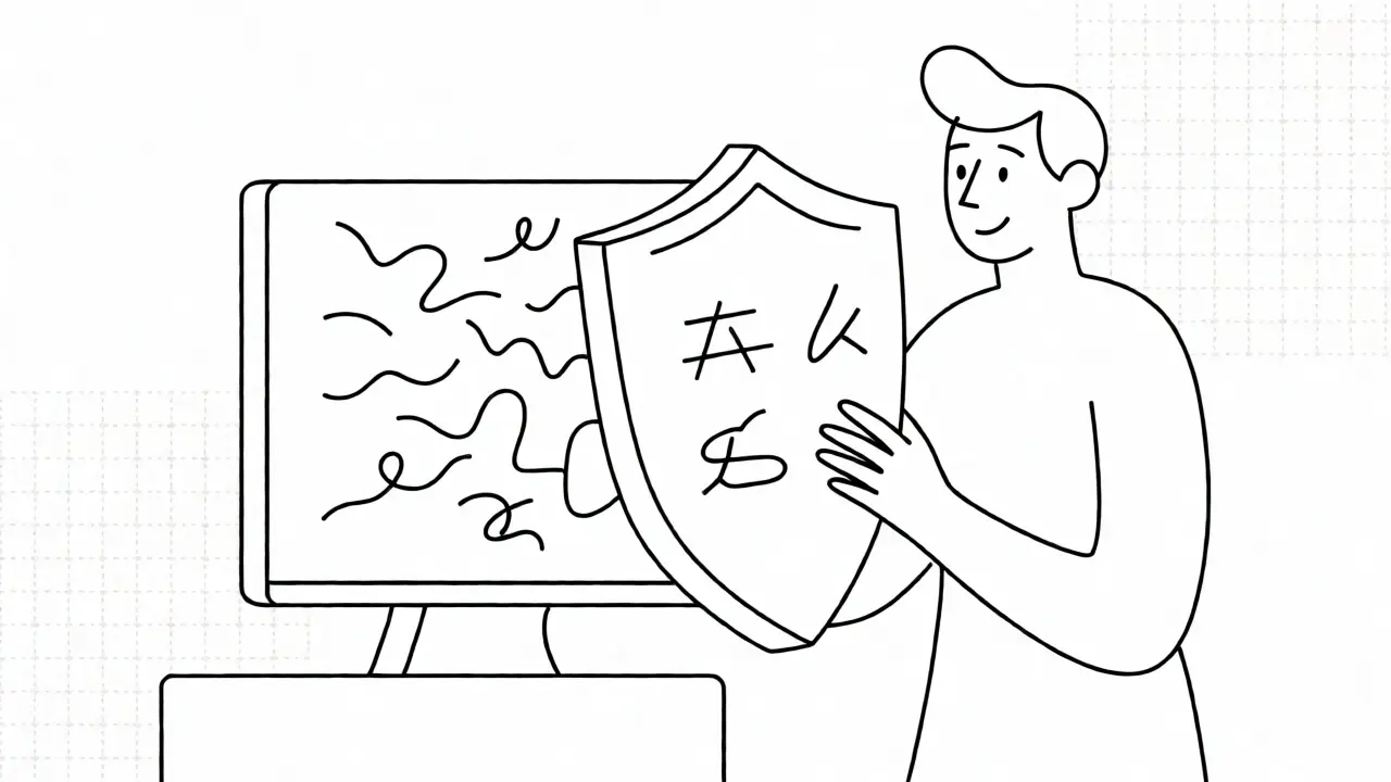 Monoline sketch of a human shielding against chaotic lines from a computer