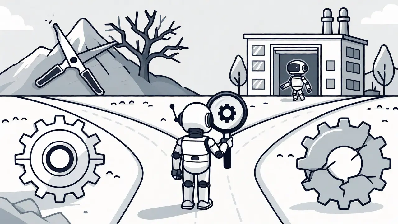 Robot engineer choosing between a fragile pruned tree path and an efficient new factory path for AI models.