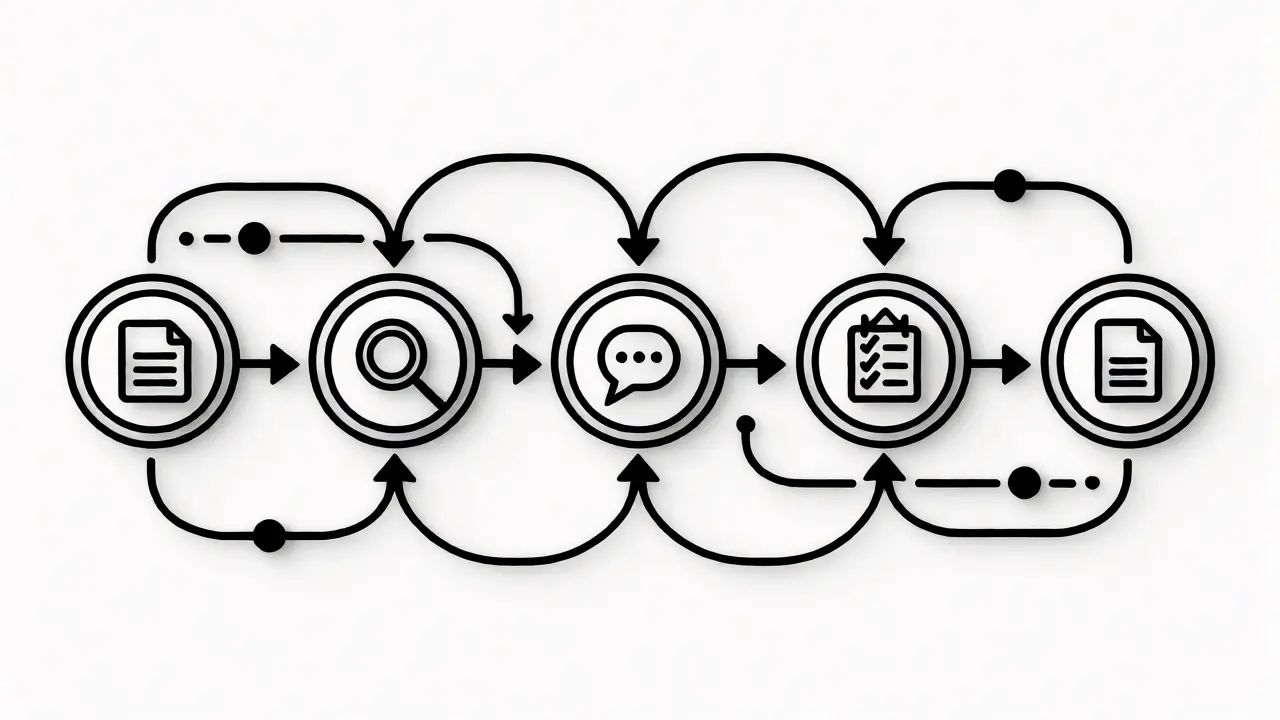 Sequential diagram of five connected steps representing prompt chaining