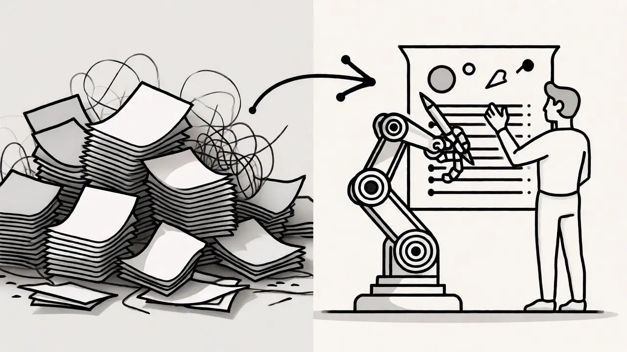 Split-scene monoline art showing manual paperwork transforming into AI-assisted strategy.