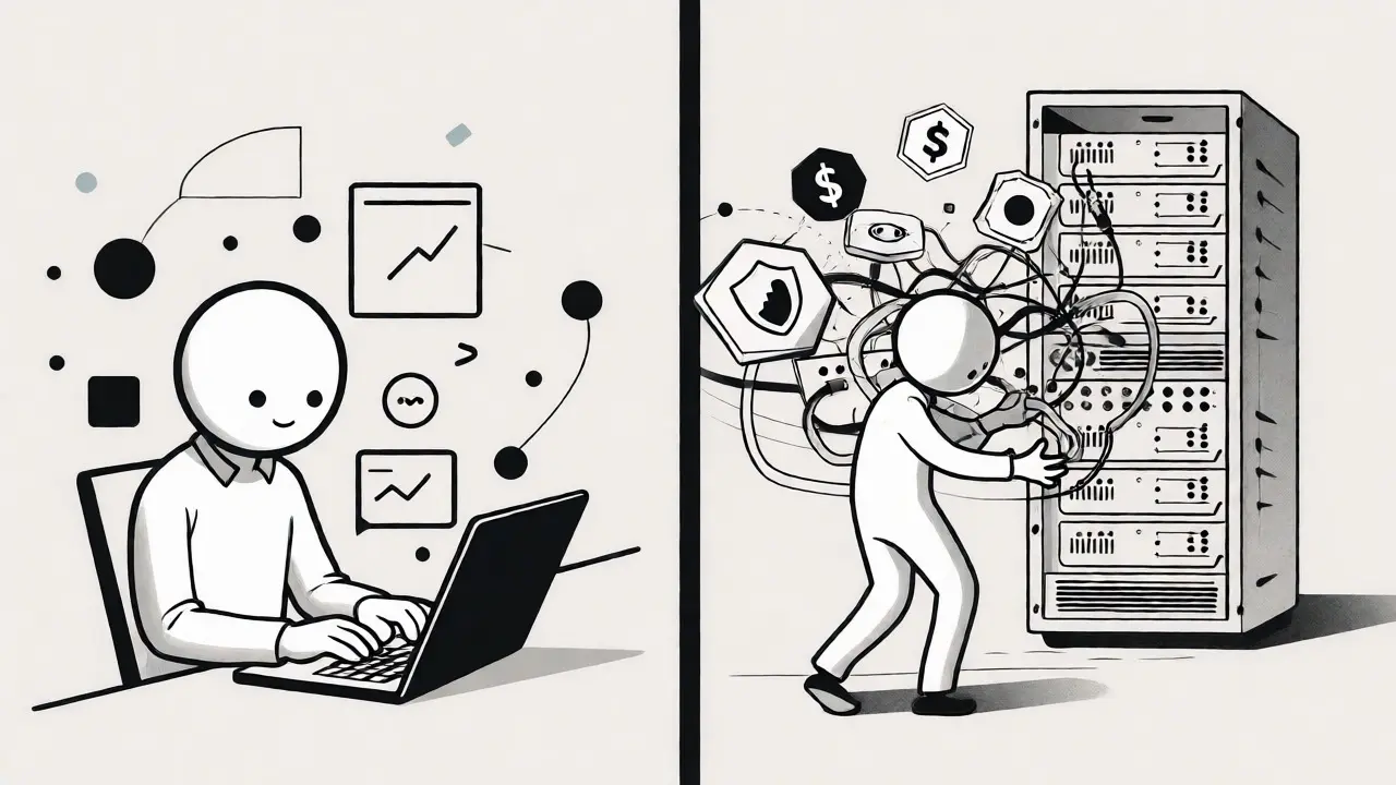 Split view comparing simple coding versus complex production challenges.