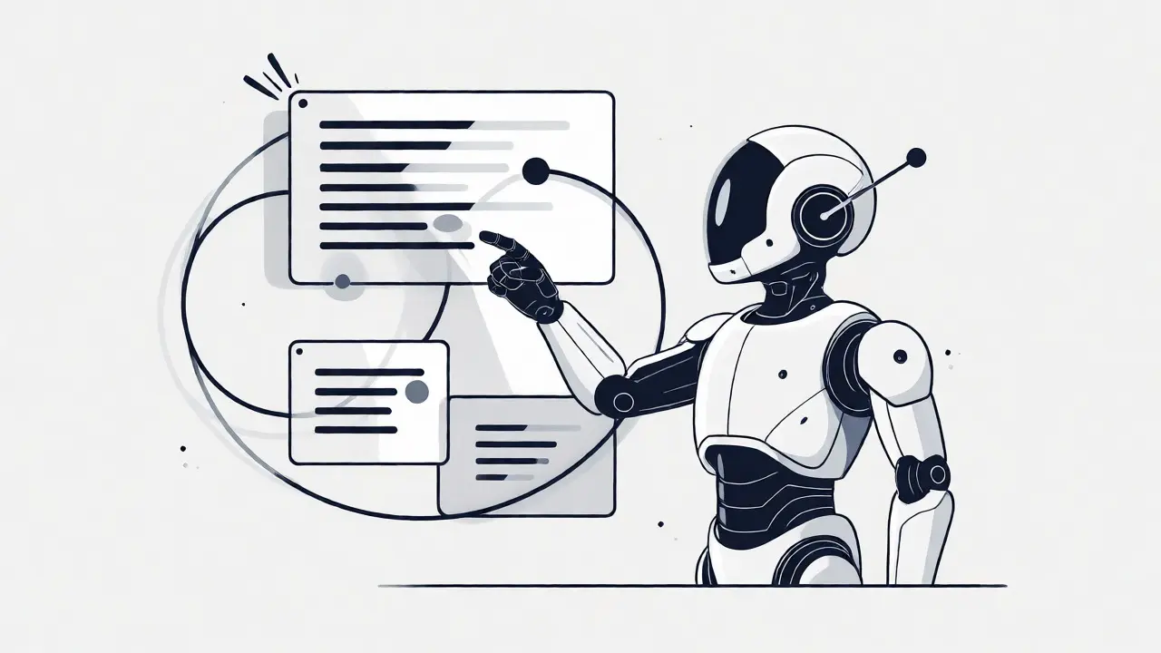 Stylized monoline robot interacting with looping code logic blocks