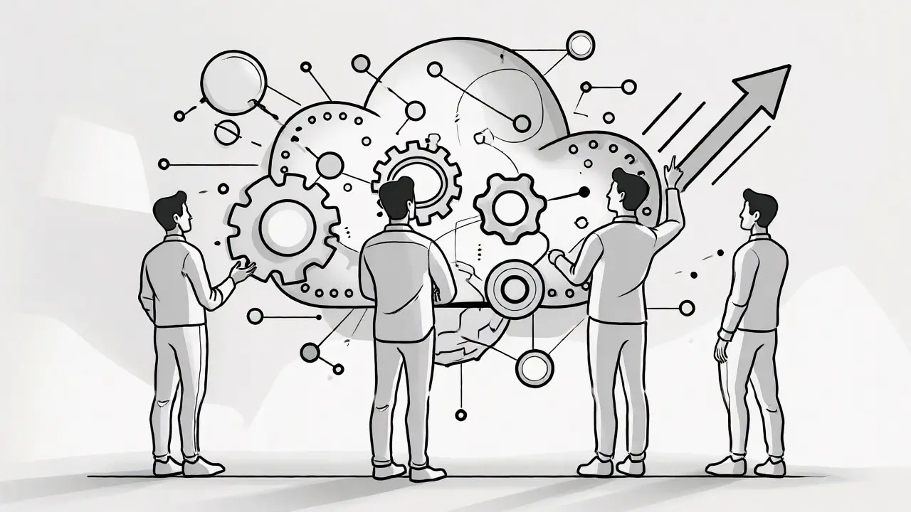 Team collaborating around an abstract digital infrastructure hub.