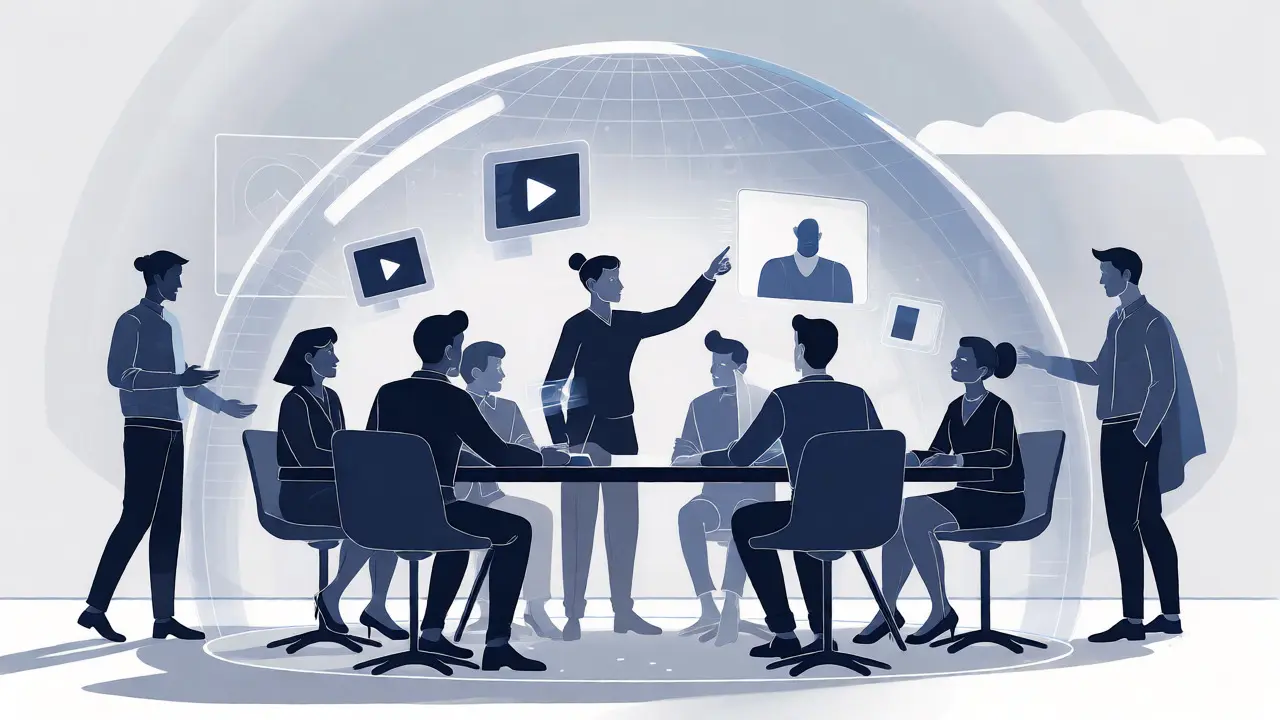 Team collaborating inside a secure AI-powered digital dome