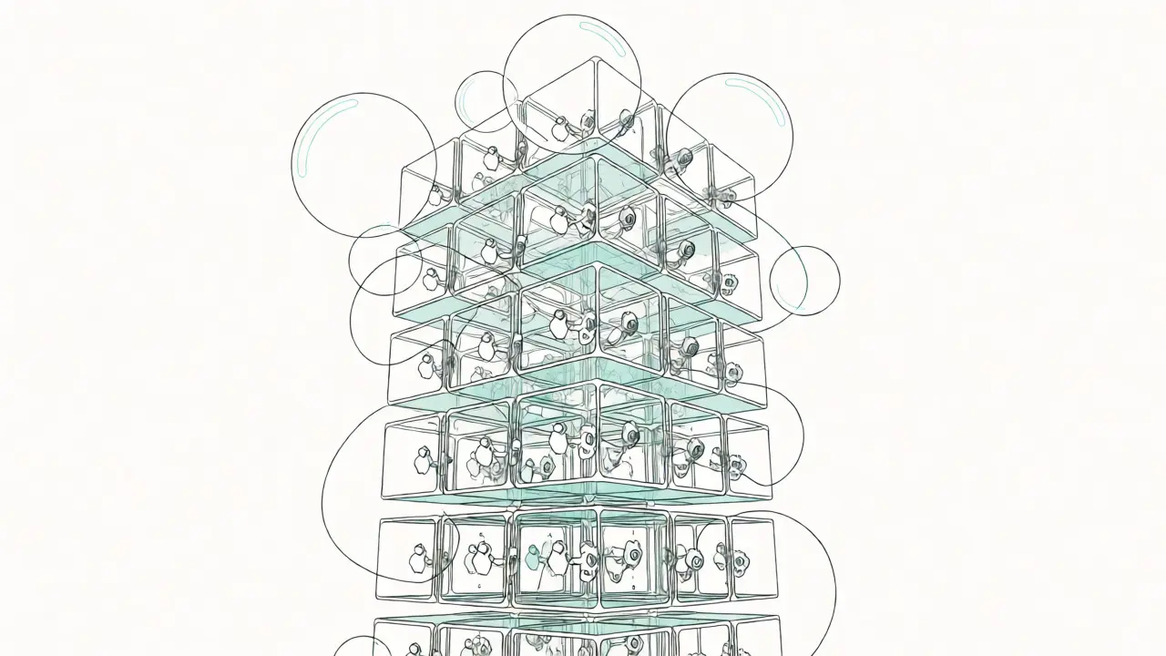 Tower of transformer layers with residual connections and emergent features