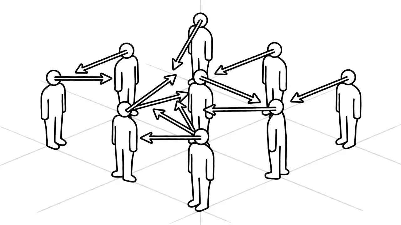 Vector arrows extending from abstract figures in a grid to show semantic clustering.