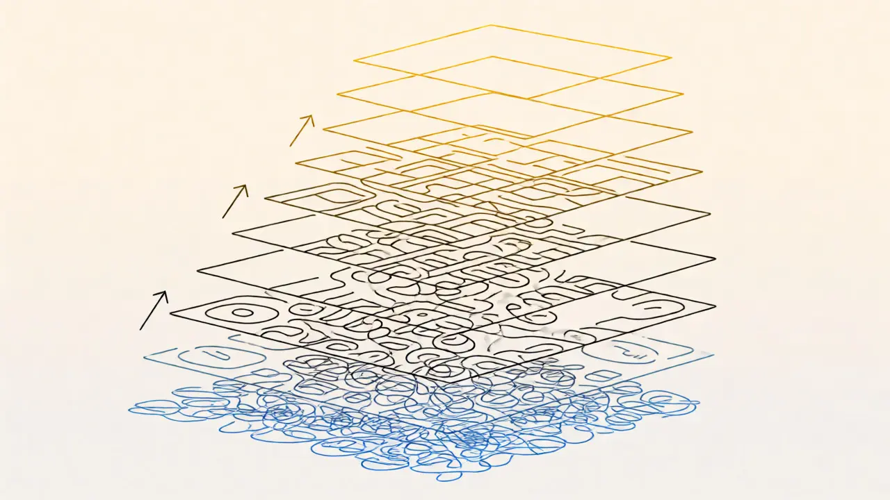 Vertical stack illustrating abstraction from syntax to semantics in LLMs
