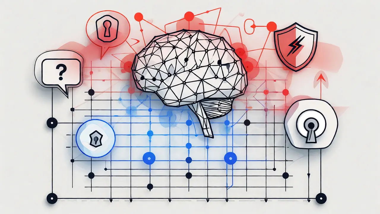 Abstract monoline diagram connecting AI risks like hallucinations to a structured framework.