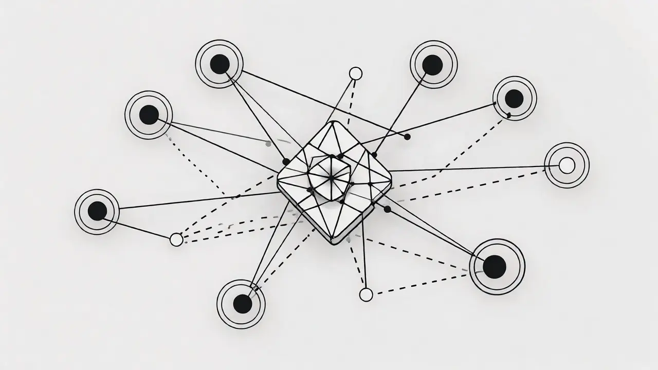 Abstract monoline diagram connecting context nodes to a central query for coverage