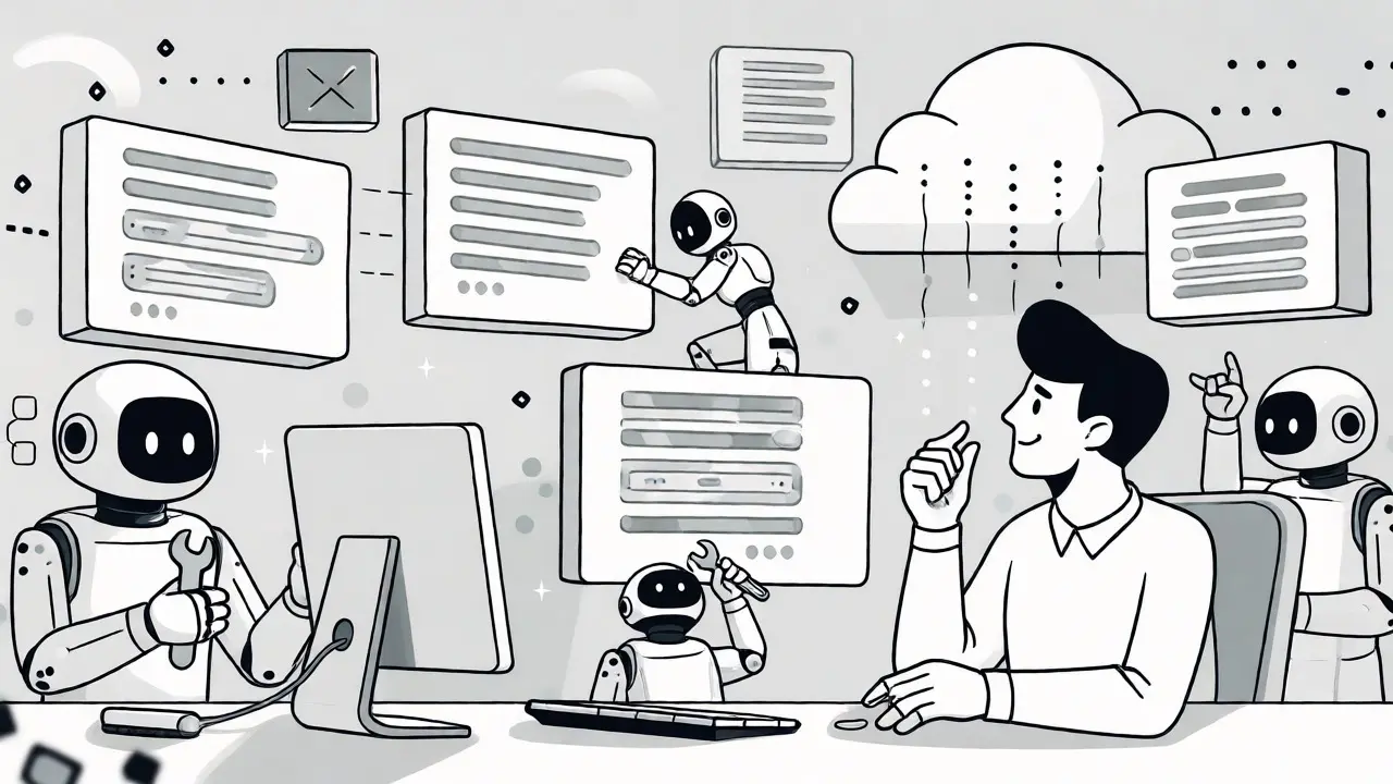 AI agents debugging and deploying code while a developer supervises in a cartoon style.