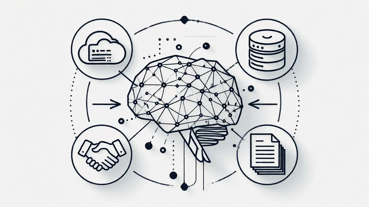 AI brain connecting to cloud, database, CRM, and finance systems