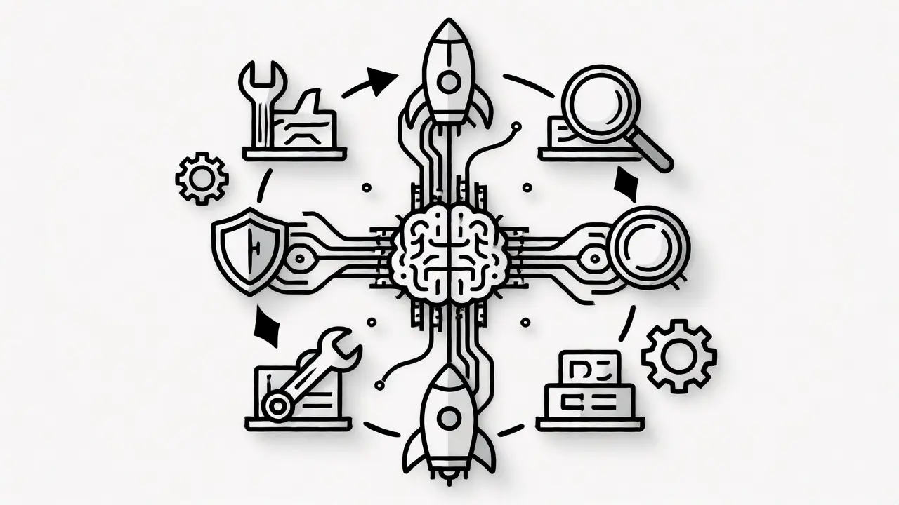 Circular diagram of an AI agent cycling through coding, testing, and deploying.