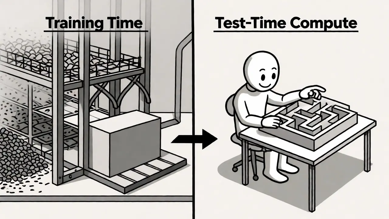 Conceptual drawing showing the shift from large training factories to test-time reasoning.