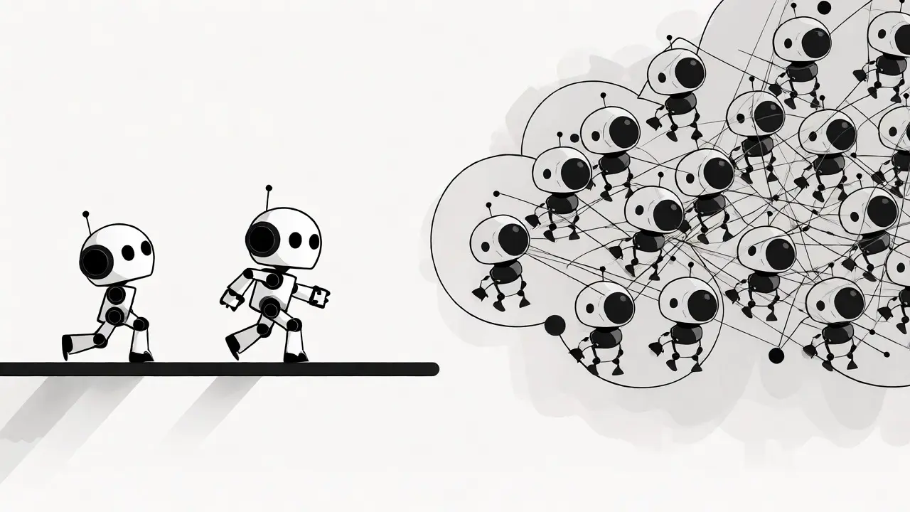 Conceptual monoline art contrasting sequential robot movement with parallel interconnected nodes representing Transformers.