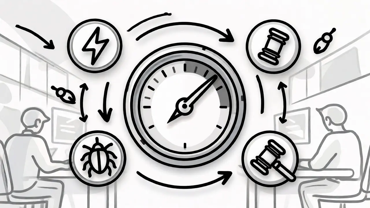 Continuous monitoring gauge surrounded by alert icons in monoline art