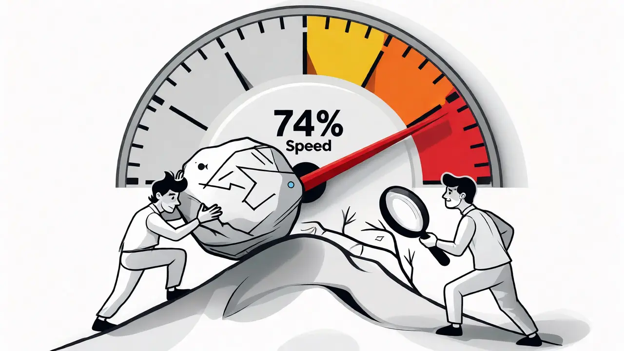 Developer pushing a heavy rock uphill while a speedometer shows high speed expectations.