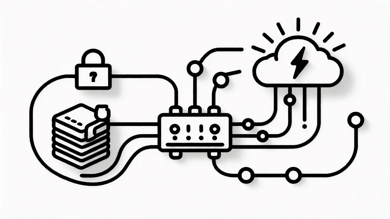 Diagram of hybrid architecture routing data between local servers and cloud