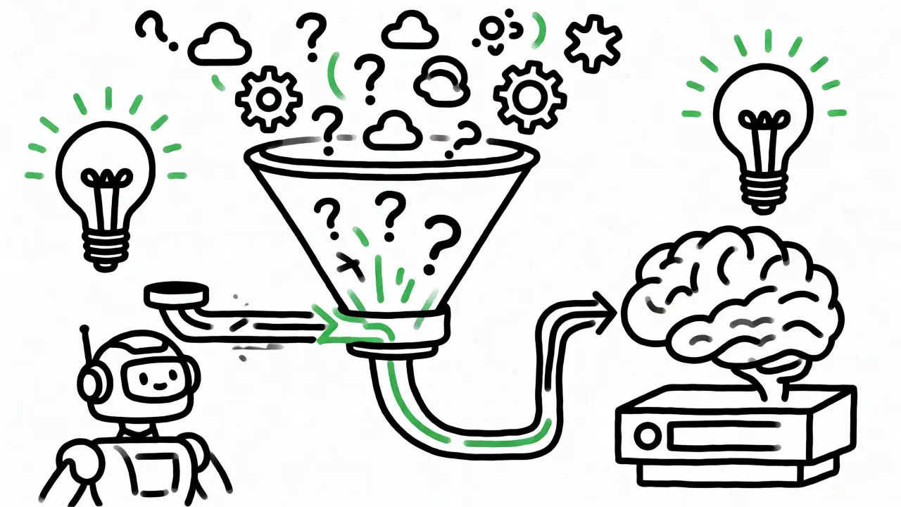 Diagram-style cartoon showing intelligent query routing to save inference costs.