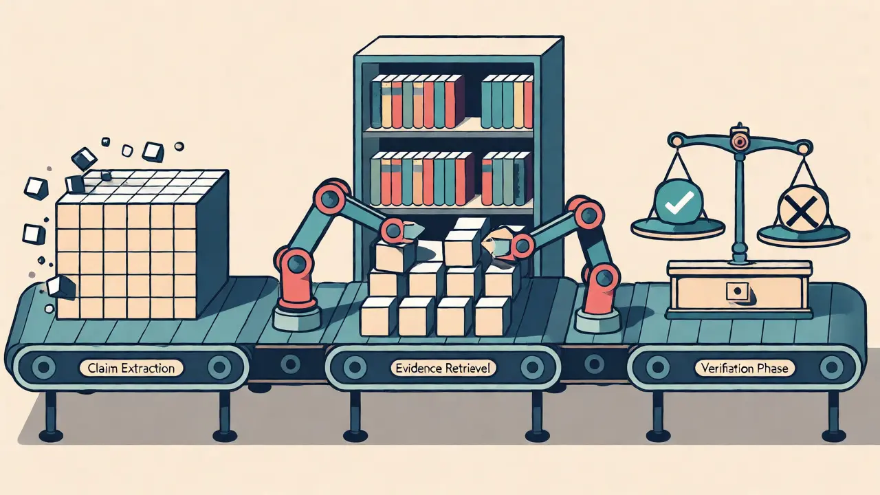 Diagrammatic monoline art showing a three-step assembly line for fact extraction and verification.