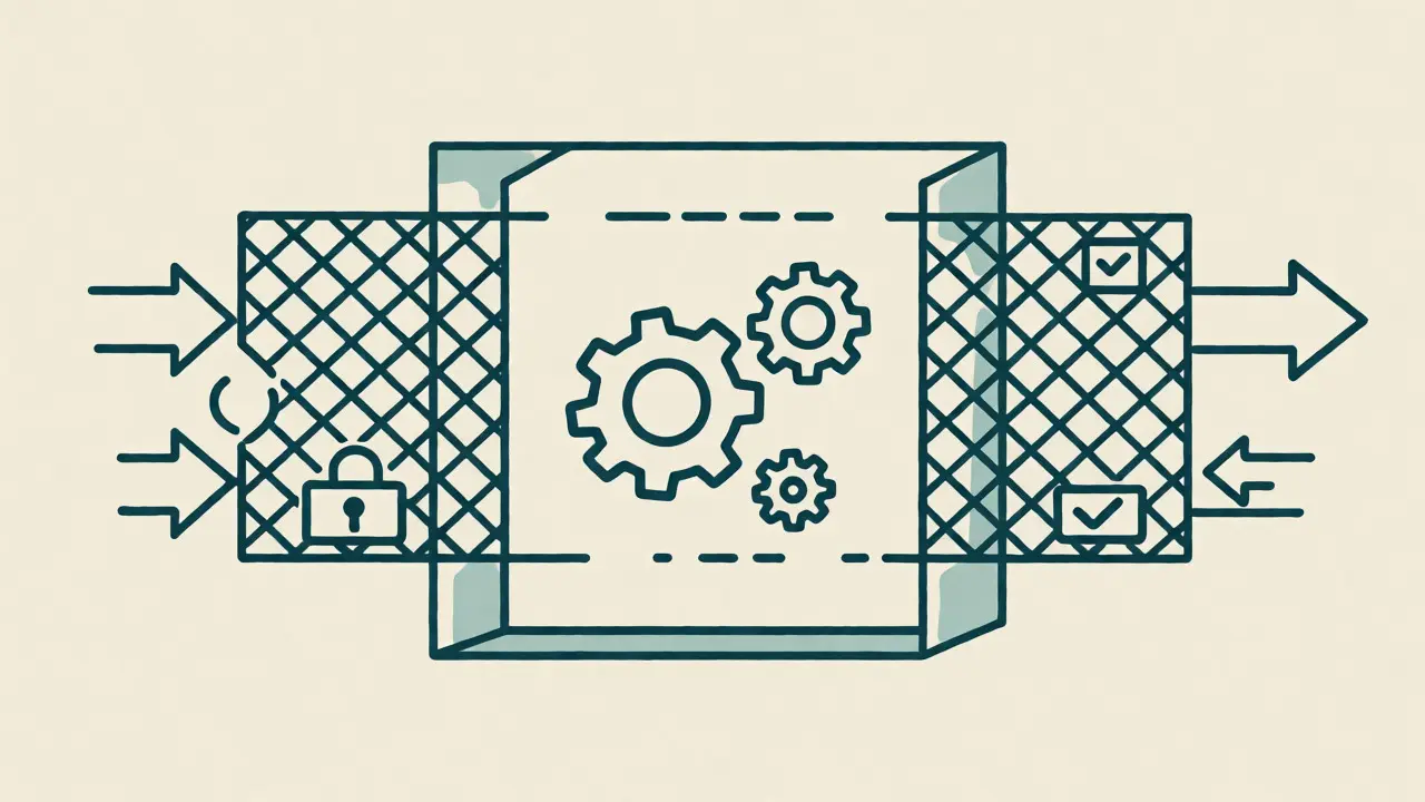 Diagrammatic monoline illustration of AI input and output filtering layers.
