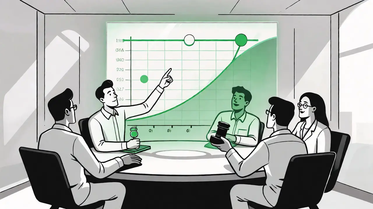 Diverse team reviewing a projected risk matrix to approve AI governance controls.