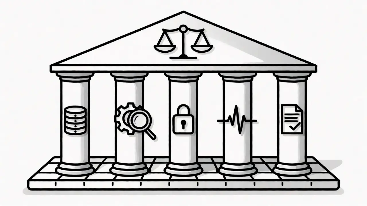 Five pillars supporting a risk score framework in monoline style