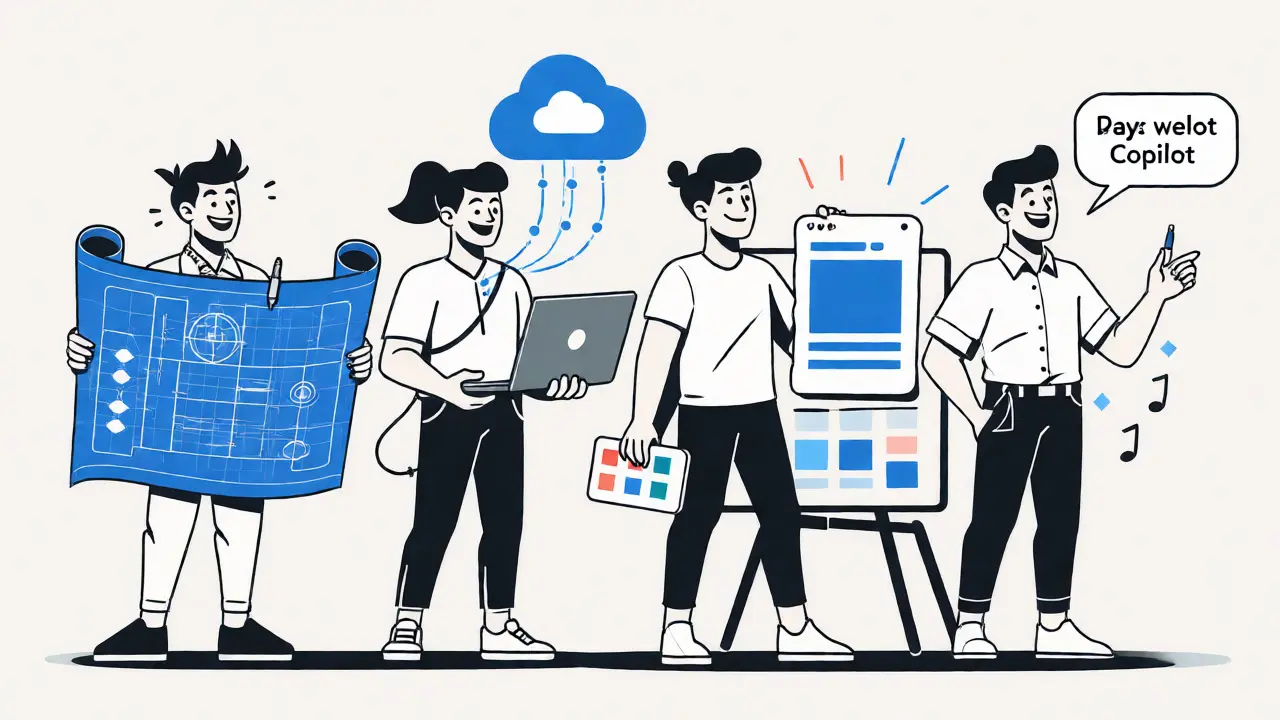 Four illustrated characters representing different AI coding tools and their functions.