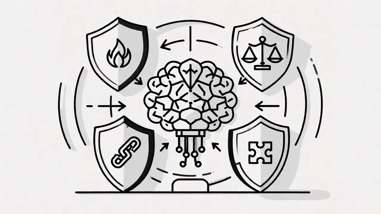 Four shields protecting an AI brain from toxicity, bias, and hallucinations