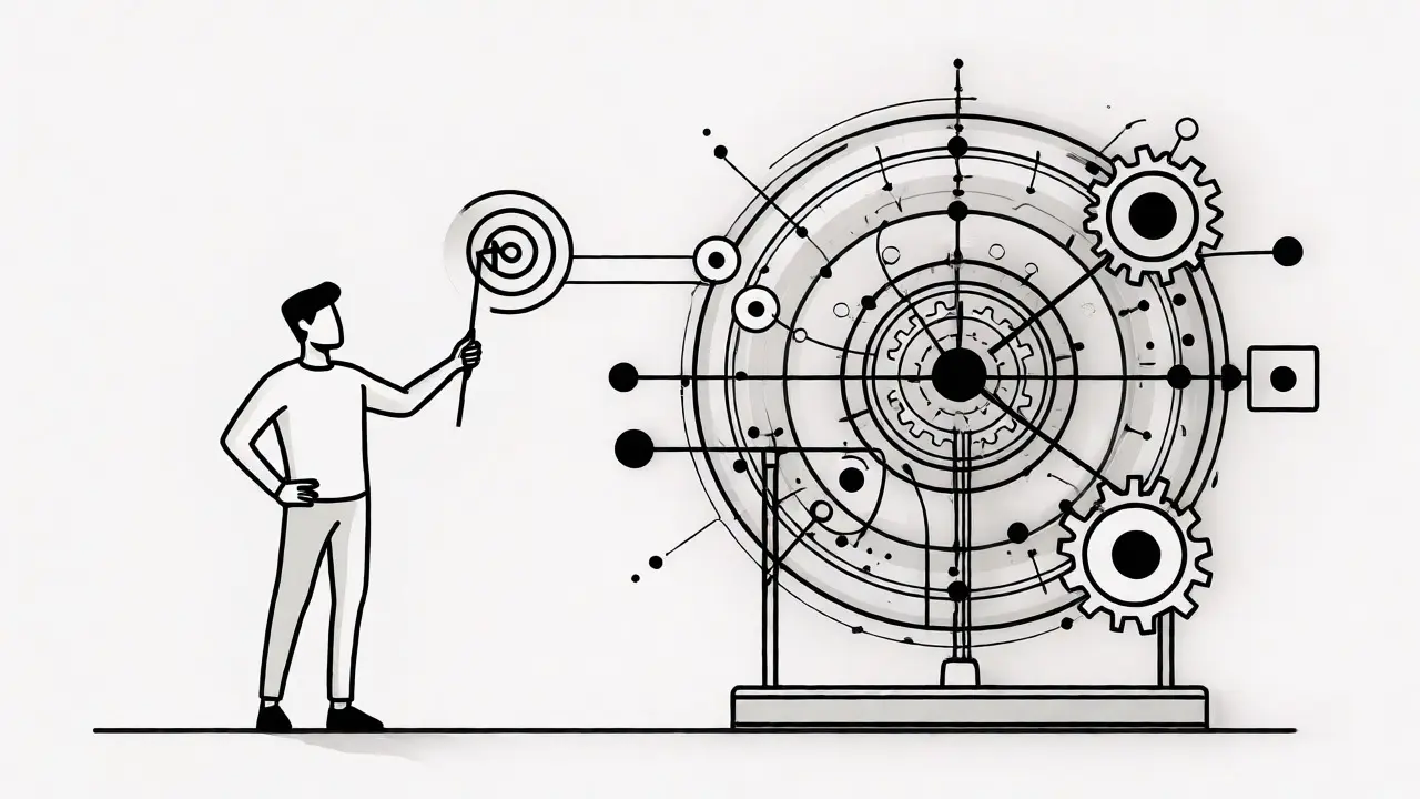 Human guiding an intricate automated machine loop for software development.
