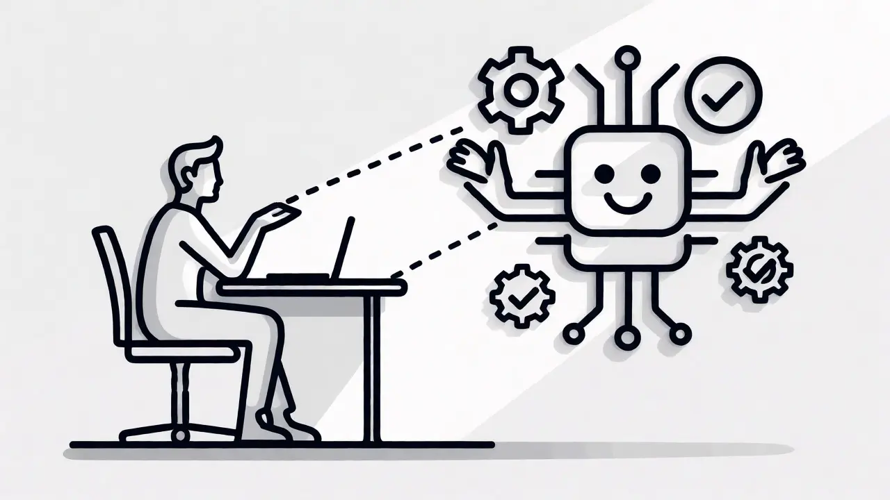 Human strategist overseeing an AI agent handling routine workflows