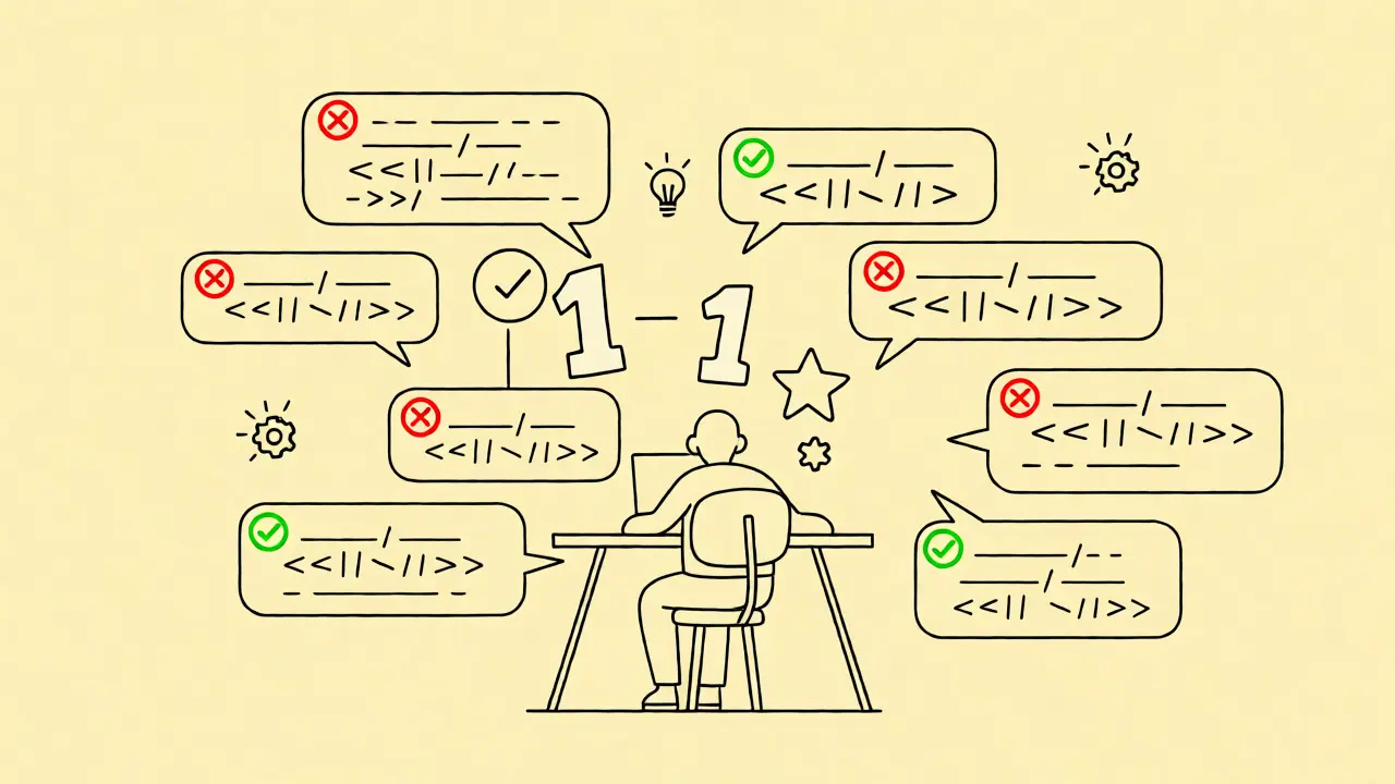 Illustration of a developer reviewing multiple code attempts with pass/fail indicators.